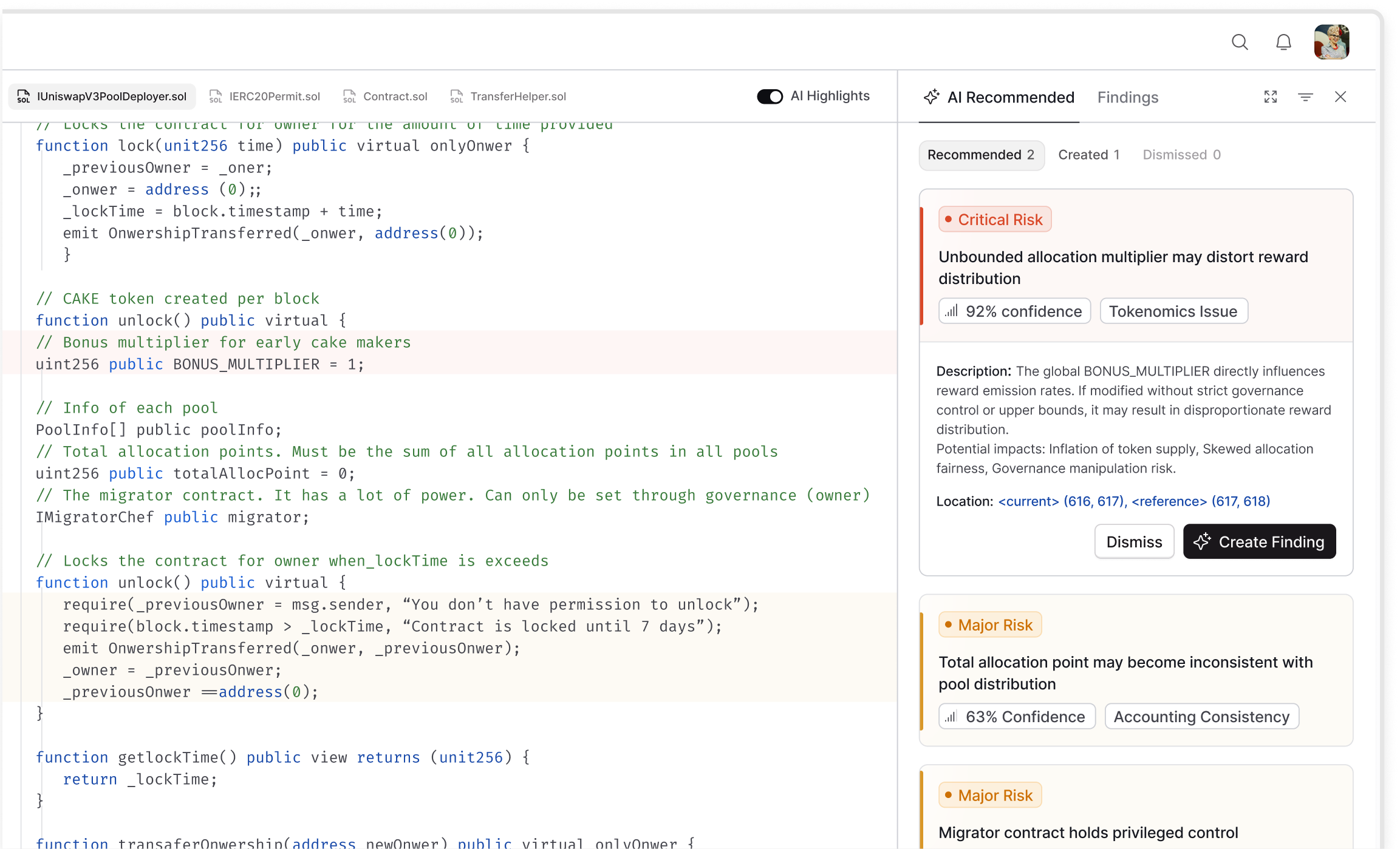 AI-assisted audit workflow screenshot showing code review and AI recommendations